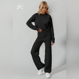 Women's Casual Textures Matching Outfit Set Top Pants Black sz Large | Christmas